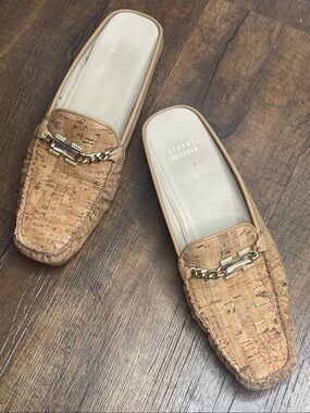 Stuart Weitzman Cork Slide Mules with Gold Chain Detail - Tan